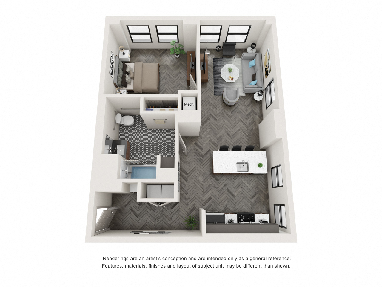 Floor plan for 1 bed, 1 bath, 732 sqft